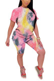 Pink Fashion Casual adult Patchwork Print Tie Dye Two Piece Suits Straight Short Sleeve Two Pieces