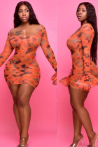 Orange Mode Sexig vuxen Ma'am O Neck Print Mesh asymmetrisk Plus Size
