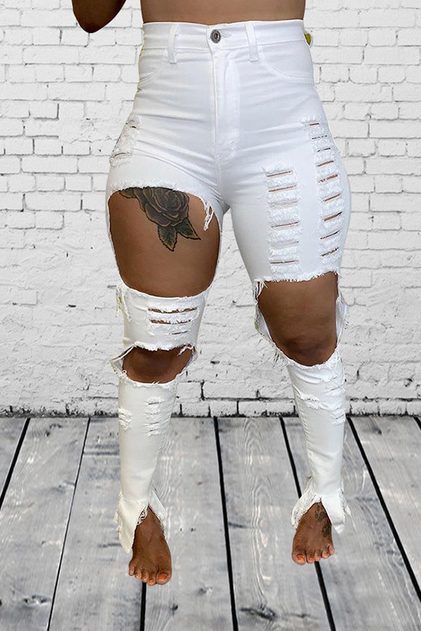 White Button Fly Mid Solid Split Hole washing Old Boot Cut Pants Distressed Ripped Denim Jeans Bottoms