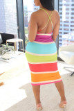 Regenbogenfarbe Sexy Mode-Druck-Hosenträger-rückenfreies langes Kleid