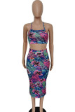 Blue Fashion adult Ma'am Lightly cooked Floral Print Two Piece Suits pencil Sleeveless Two Pieces