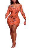 Orange Fashion Sexy adult Ma'am O Neck Print Mesh asymmetrical Plus Size
