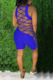 Синий модный сексуальный принт в стиле пэчворк с буквенной повязкой и открытой спиной, полые комбинезоны без рукавов