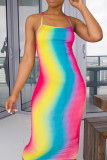 Regenbogenfarbe Sexy Mode-Druck-Hosenträger-rückenfreies langes Kleid