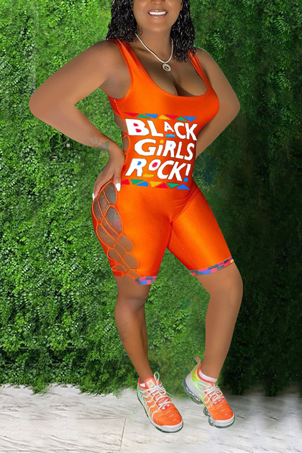 Mamelucos sin mangas huecos sin espalda con vendaje de letras de retales con estampado Sexy de moda naranja
