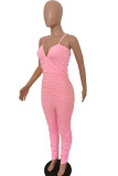 Roze mode licht effen gedrapeerde mouwloze jumpsuits met V-hals