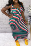 Blue Red Blue Tank Sleeveless O neck Pencil Dress Ankle-Length Striped Colouring Dresses
