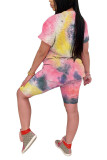 rose red Fashion Casual adult Patchwork Print Tie Dye Two Piece Suits Straight Short Sleeve Two Pieces
