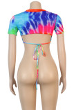 Camouflage Multi-color Camouflage O Neck Short Sleeve Patchwork Print Slim fit backless Camouflage Tie Dye Bandage crop top Tops