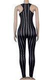 Black Fashion street Print Striped Sleeveless O Neck Jumpsuits
