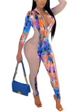multicolor Fashion Sexy Print Patchwork perspective Mesh zipper Long Sleeve V Neck Jumpsuits