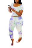 White and blue Fashion adult Lightly cooked Patchwork Print Tie Dye Two Piece Suits pencil Short Sleeve Two Pieces