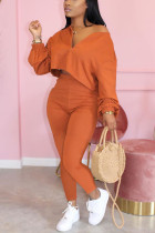 Oranje Mode Patchwork Effen Asymmetrische V-hals Lange Mouw Twee Stukken
