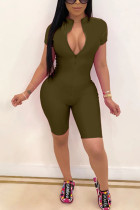 Army Green Fashion Casual Solid zipper Short Sleeve O Neck Bodycon Skinny Rompers