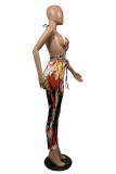 Red Fashion Sexy adult Patchwork Print backless Tie Dye Bandage Two Piece Suits pencil Sleeveless Two Pieces