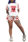 White Fashion Casual adult Letter Patchwork Print Two Piece Suits Lips Print pencil Short Sleeve Two Pieces