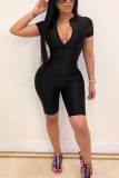 Black Fashion Casual Solid zipper Short Sleeve O Neck Bodycon Skinny Rompers