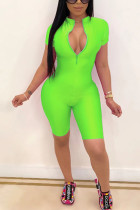 Fluorescent green Fashion Casual Solid zipper Short Sleeve O Neck Bodycon Skinny Rompers