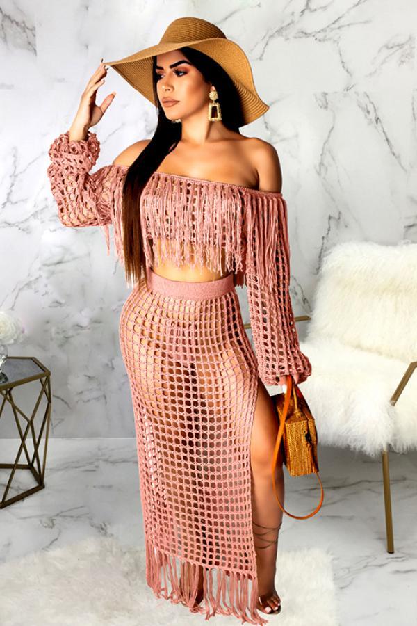 Pink Fashion Sexy Patchwork HOLLOWED OUT Quaste Bleistift zweiteiliges Kleid