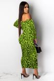 Fluorescent green Fashion adult Sexy Cap Sleeve Long Sleeves One word collar Step Skirt Mid-Calf bandage Leo