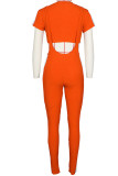 Moda naranja Casual adulto señora Patchwork sólido dos piezas trajes lápiz manga corta dos piezas