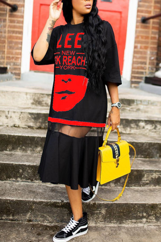 Red Fashion adult Street White Red Orange Cap Sleeve Half Sleeves O neck Pencil Dress Mid-Calf Print Patchwork Character Mesh hollow out Dresses