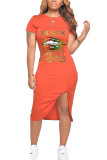 Оранжевая мода Повседневная для взрослых Черный Оранжевый с короткими рукавами и короткими рукавами О-образный вырез Асимметричный принт до середины икры Пэчворк Асимметричные платья с характерными губами