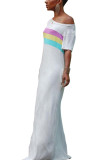 ホワイト ファッション カジュアル 大人 ホワイト グレー オフショルダー 半袖 一言襟 A ライン床長さのストライプ プリント パッチワーク ドレス