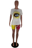 Yellow Fashion Casual adult Patchwork Print Two Piece Suits Eyes Printed pencil Short Sleeve Two Pieces