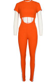 Orange Mode Casual vuxen Fru Patchwork Solida tvådelade kostymer penna Kort ärm Tvådelad