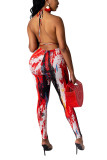 Röd Mode Sexig Vuxen Patchwork Print rygglös Tie Dye Bandage Tvådelad kostymer penna Ärmlös Tvådelad