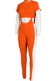 オレンジファッションカジュアル大人Ma'amパッチワークソリッドツーピーススーツペンシル半袖ツーピース