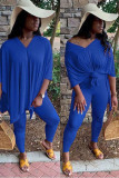 Blue OL Solid Short Sleeve Two Pieces