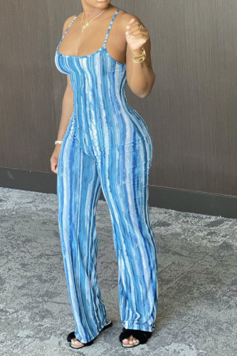Blue Sexy Striped Backless Polyester Sleeveless Slip Jumpsuits