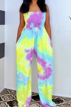Blue Fashion Casual Tie-dyed Sleeveless Wrapped Jumpsuits