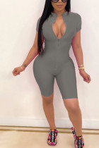 Grey Fashion Casual Solid zipper Short Sleeve O Neck Bodycon Skinny Rompers