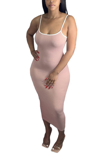 Rose Mode Sexy Casual Noir Gris Rose Spaghetti Strap Sans Manches Slip Gaine Mi-mollet Robes Solides