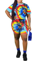 Multi-color Sweet O Neck Patchwork Print Tie Dye Stitching Plus Size