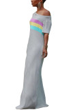 グレーファッションカジュアル大人ホワイトグレーオフショルダー半袖一言襟 A ライン床の長さのストライププリントパッチワークドレス