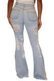 Light Blue Denim Button Fly Mid Patchwork Solid washing Old Boot Cut Pants Bottoms