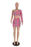 rose red Sexy Plaid Print Backless Asymmetrical One Shoulder Long Sleeve Two Pieces