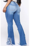 Pantalones de corte de bota de agujero alto con cremallera de mezclilla azul claro azul claro