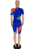 Blue Fashion Sexy adult Letter Patchwork Print Tie Dye Two Piece Suits pencil Short Sleeve Two Pieces