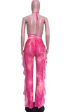 Розовый лоскутный принт, укороченный топ, повязка на спине, сетка с капюшоном, модные сексуальные купальники для взрослых