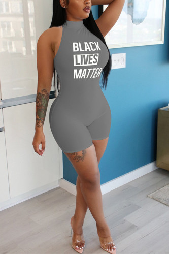 Grey Fashion Casual Print Sleeveless Hanging neck Rompers