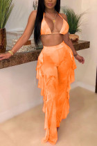 Orange Patchwork Print crop top bandage rygglös Mesh Hooded Out Mode Sexiga badkläder för vuxna