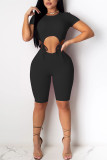 Black Fashion Sexy Patchwork bandage Hollow Solid Short Sleeve O Neck Rompers
