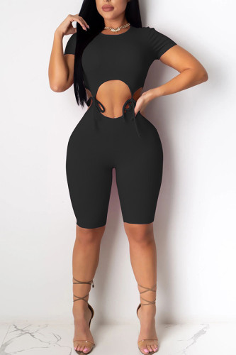 Black Fashion Sexy Patchwork bandage Hollow Solid Polyester Short Sleeve O Neck Jumpsuits