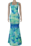 Blue Fashion adult Ma'am Lightly cooked Blue rose red Light Green purple Dark Red Army Green Tank Sleeveless O neck Mermaid Floor-Length Print Dresses