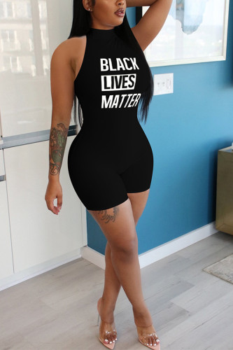 Black Fashion Casual Print Sleeveless Hanging neck Rompers